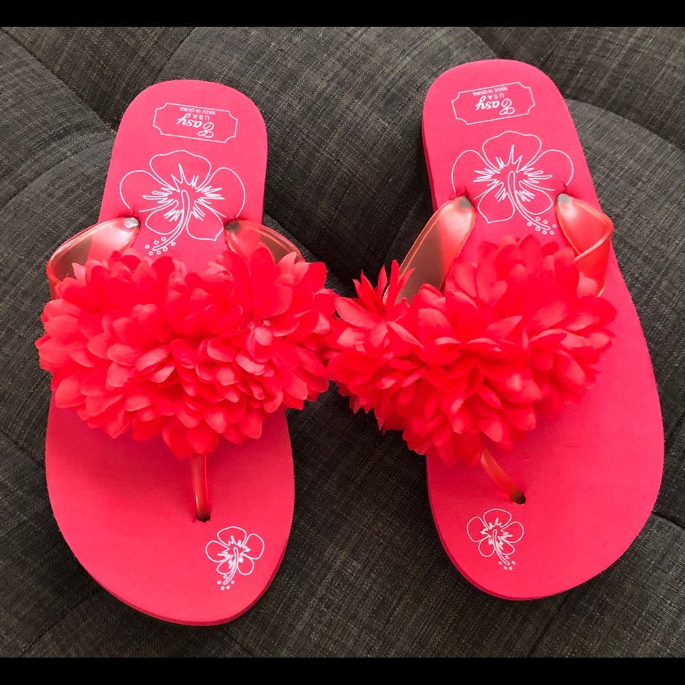 Red Flowered Flip-Flops - Picture 2 of 3